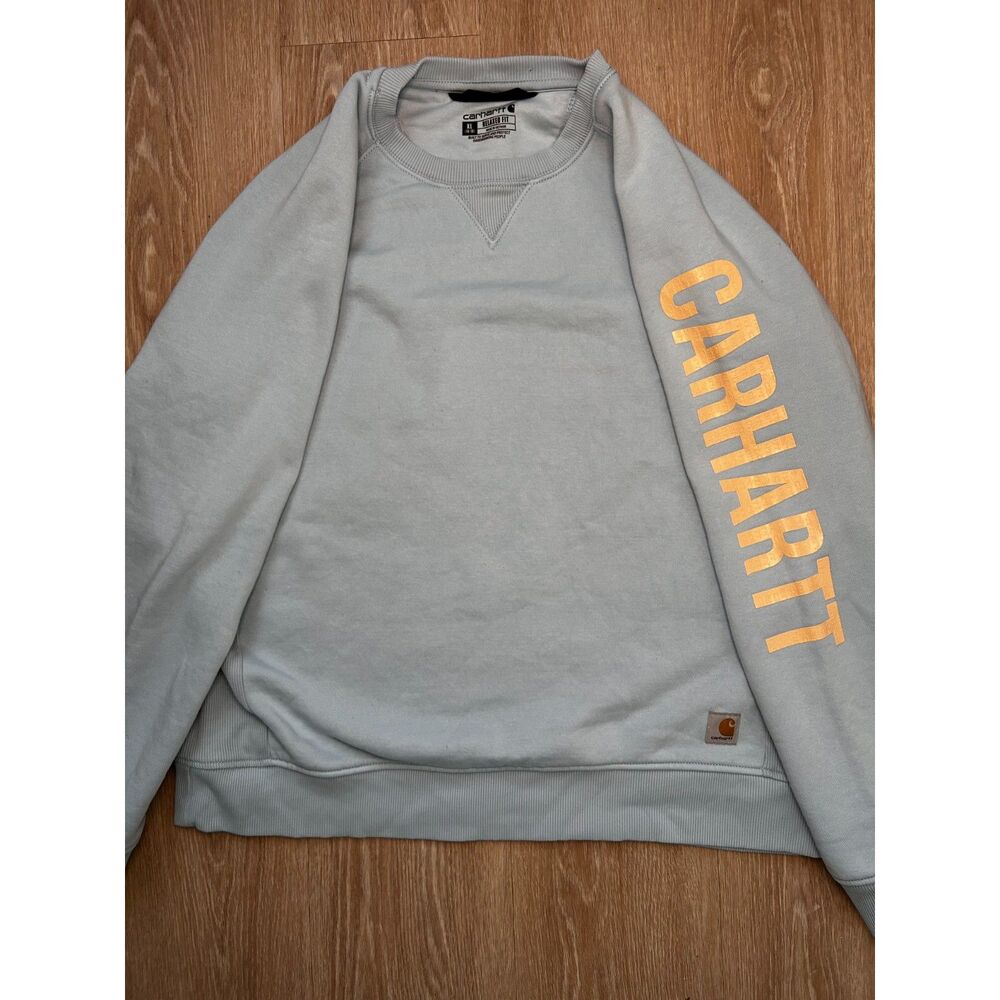 Carhartt XL Light Blue Relaxed Fit Crewneck Sweatshirt Sleeve Logo